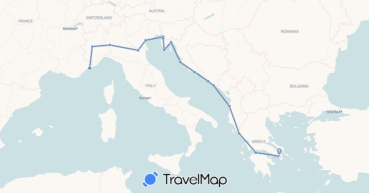 TravelMap itinerary: driving, cycling in Albania, Bosnia and Herzegovina, Greece, Croatia, Monaco, Slovenia (Europe)